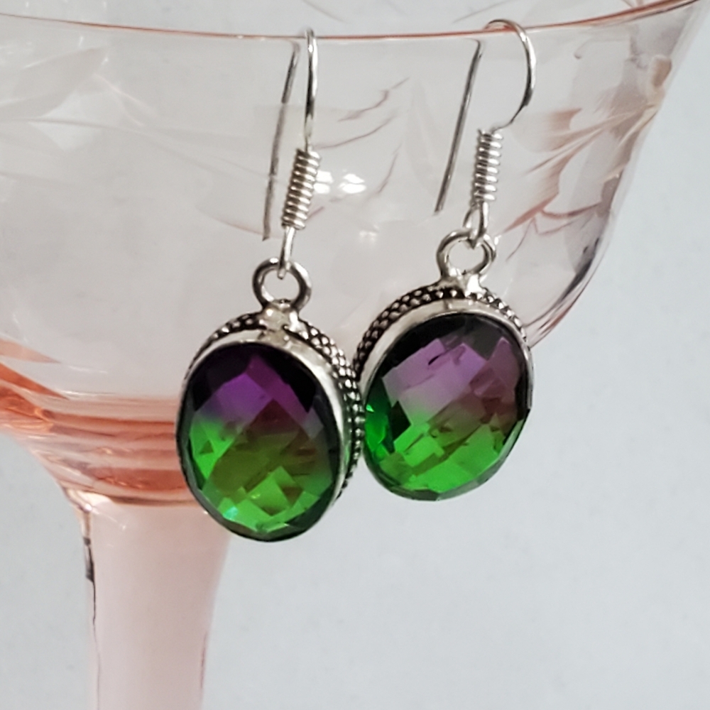 925 Sterling Bi-Color Purple Green Fluorite Earrings NWOT Artisan - Picture 13 of 14
